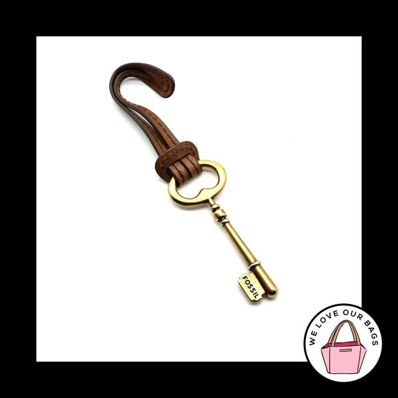 FOSSIL Large Gold Brass Key BROWN LEATHER Strap Fob Bag Charm Keychain Hang Tag - Picture 1 of 2
